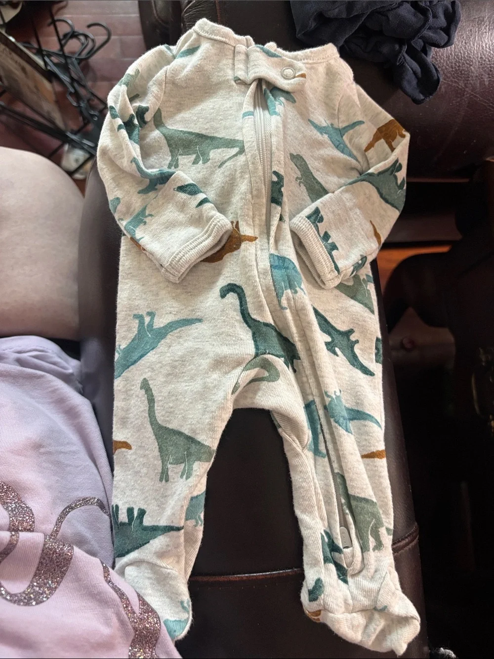 Carter's Cream Footie with Teal and Brown Dinosaur Print